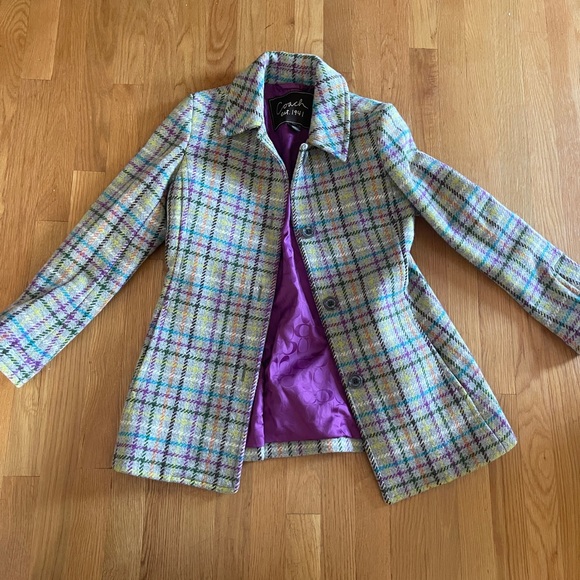 Coach Jackets & Blazers - COACH Wool Purple and Gray Plaid Peacoat XS